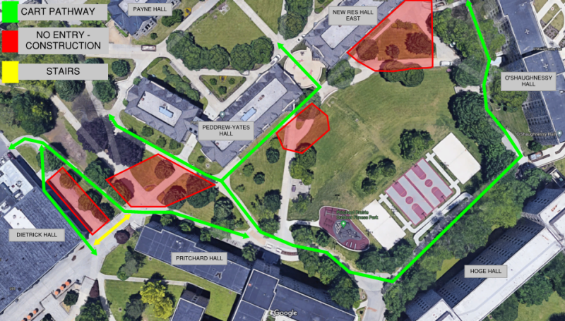 Aerial map of campus closures near Peddrew-Yates Hall